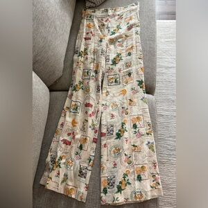 Rachel Zoe Beige Floral & Fruit Print Wide-Leg Pants Sz medium